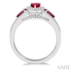 6x4 MM & 5x3 MM Triple Pear Shape Ruby and 1/5 Ctw Round Cut Diamond Precious Ring in 10K White Gold