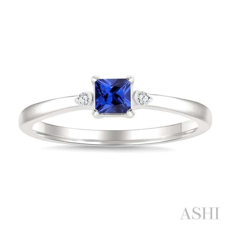 1/50 Ctw Princess Cut 3.5MM Sapphire and Round Cut Diamond Petite Precious Ring in 10K White Gold