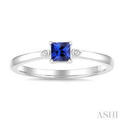 1/50 Ctw Princess Cut 3.5MM Sapphire and Round Cut Diamond Petite Precious Ring in 10K White Gold