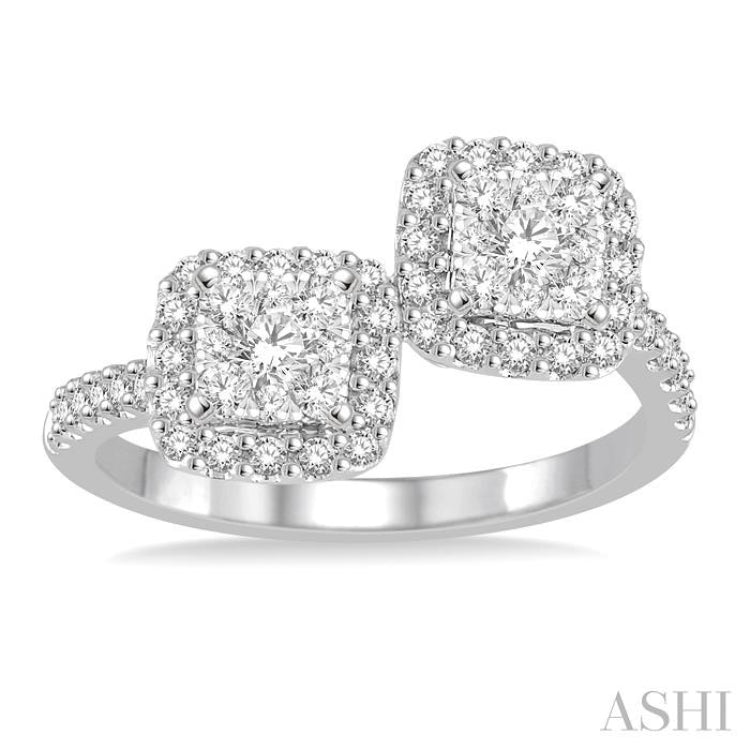5/8 Ctw Conjoined Cushion Mount Round Cut Diamond Lovebright 2Stone Ring in 14K White Gold