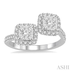 5/8 Ctw Conjoined Cushion Mount Round Cut Diamond Lovebright 2Stone Ring in 14K White Gold