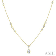 1/2 Ctw Bezel Set Pear and Round Cut Diamond Drop Necklace in 14K Yellow Gold