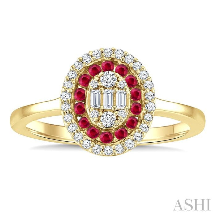 1/4 Ctw Oval Shape 1.35MM Ruby, Baguette and Round Cut Diamond Precious Fusion Fashion Ring in 14K Yellow Gold