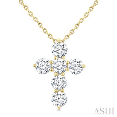 1 Ctw Round Cut Diamond Christian Cross 6-Stone Fashion Pendant With Chain in 14K Yellow Gold