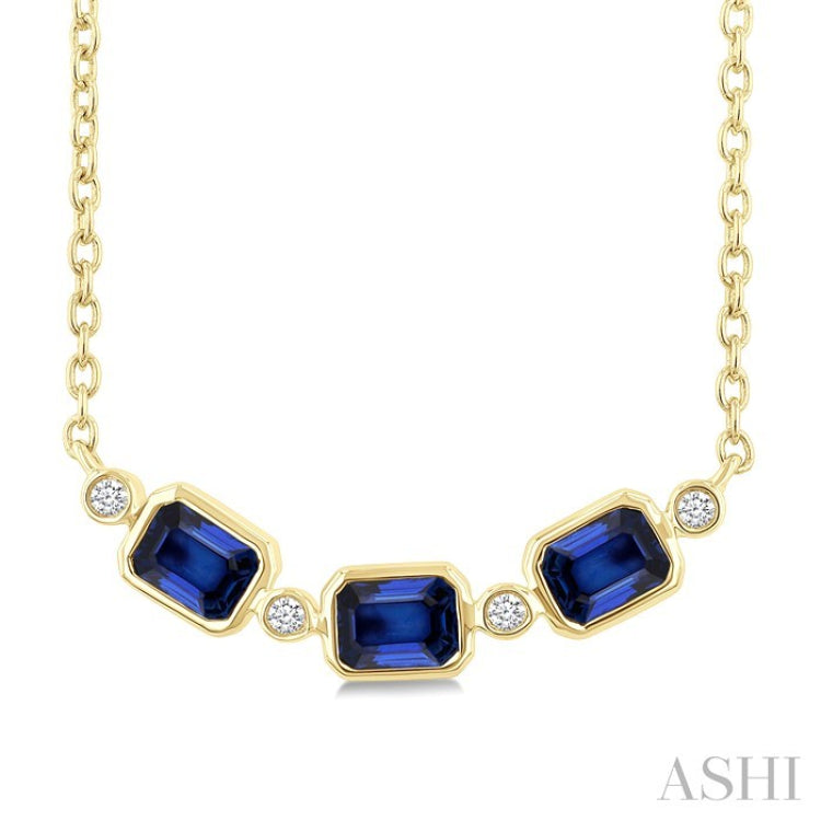4X3 MM Emerald Cut Sapphire and 1/50 Ctw Bezel Set Round Cut Diamond Precious Fashion Necklace in 10K Yellow Gold