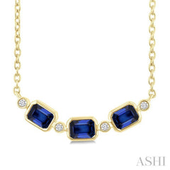 4X3 MM Emerald Cut Sapphire and 1/50 Ctw Bezel Set Round Cut Diamond Precious Fashion Necklace in 10K Yellow Gold