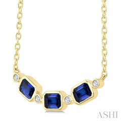 4X3 MM Emerald Cut Sapphire and 1/50 Ctw Bezel Set Round Cut Diamond Precious Fashion Necklace in 10K Yellow Gold