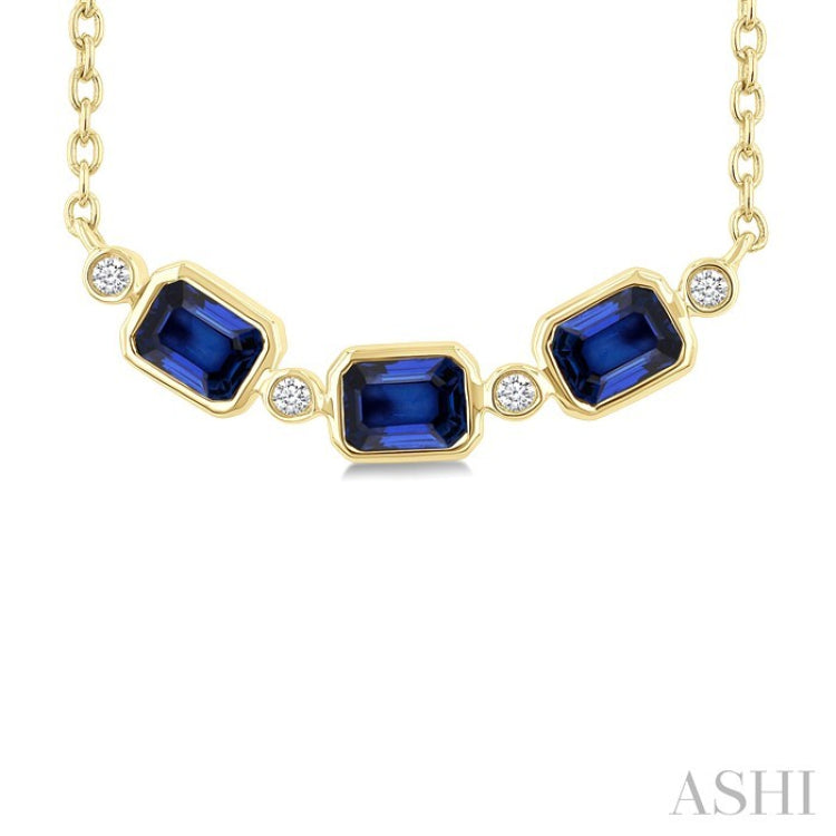 4X3 MM Emerald Cut Sapphire and 1/50 Ctw Bezel Set Round Cut Diamond Precious Fashion Necklace in 10K Yellow Gold