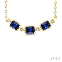 4X3 MM Emerald Cut Sapphire and 1/50 Ctw Bezel Set Round Cut Diamond Precious Fashion Necklace in 10K Yellow Gold