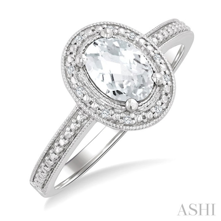 7X5 MM Oval Shape White Topaz and 1/50 Ctw Round Cut Diamond Semi-Precious Ring in Sterling Silver