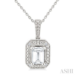 7X5 MM Octagon Shape White Topaz and 1/50 Ctw Round Cut Diamond Semi-Precious Pendant With Chain in Sterling Silver