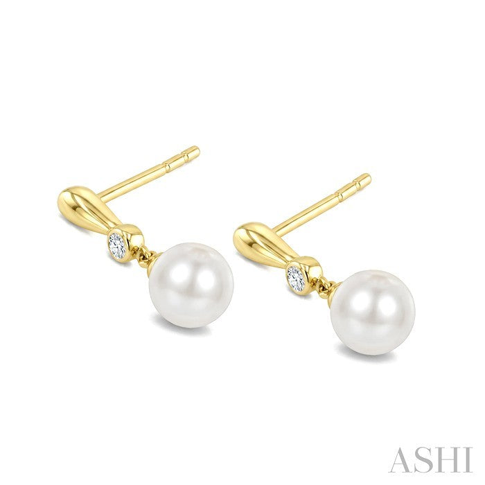 6 MM White Cultured Pearl and 1/20 Ctw Round Cut Diamond Earrings in 10K Yellow Gold