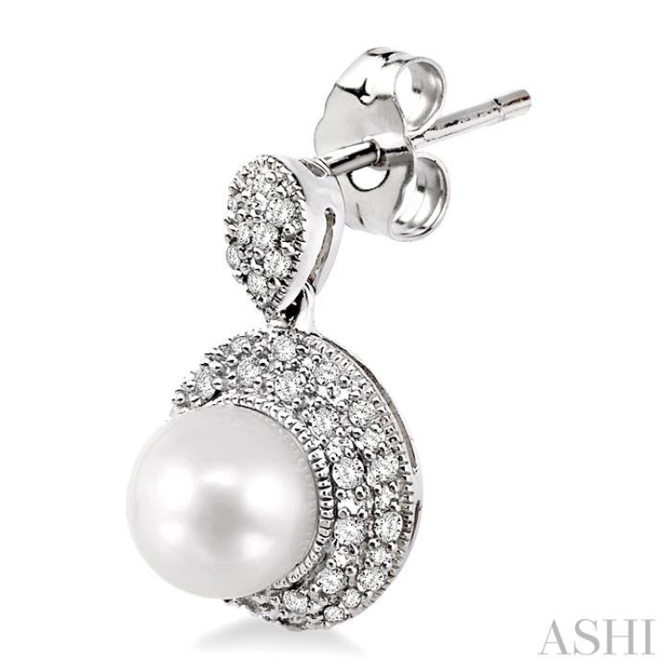 6 MM Cultured Pearl and 1/3 Ctw Round Cut Diamond Earrings in 14K White Gold