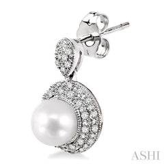 6 MM Cultured Pearl and 1/3 Ctw Round Cut Diamond Earrings in 14K White Gold