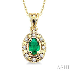 5x3 MM Oval Shape Emerald and 1/20 Ctw Single Cut Diamond Pendant in 14K Yellow Gold with Chain