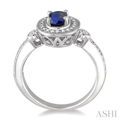 6x4 MM Oval Cut Sapphire and 1/5 Ctw Round Cut Diamond Ring in 14K White Gold