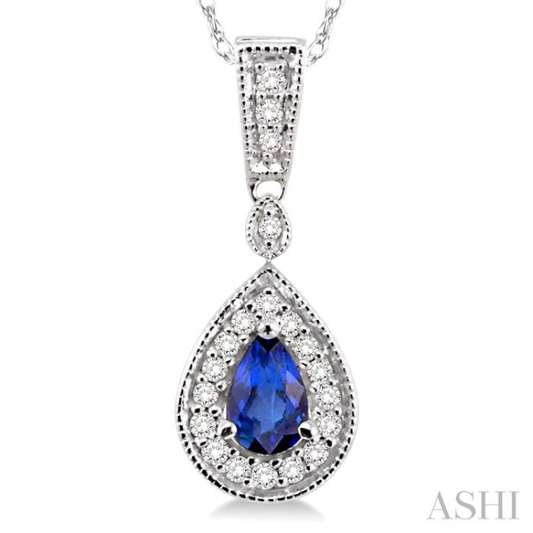 6x4 MM Pear Shape Sapphire and 1/6 Ctw Round Cut Diamond Pendant in 14K White Gold with Chain