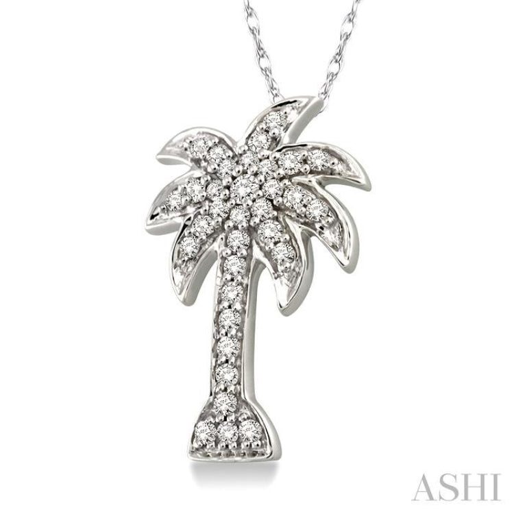 1/4 Ctw Palm Tree Round Cut Diamond Pendant in 14K White Gold with Chain