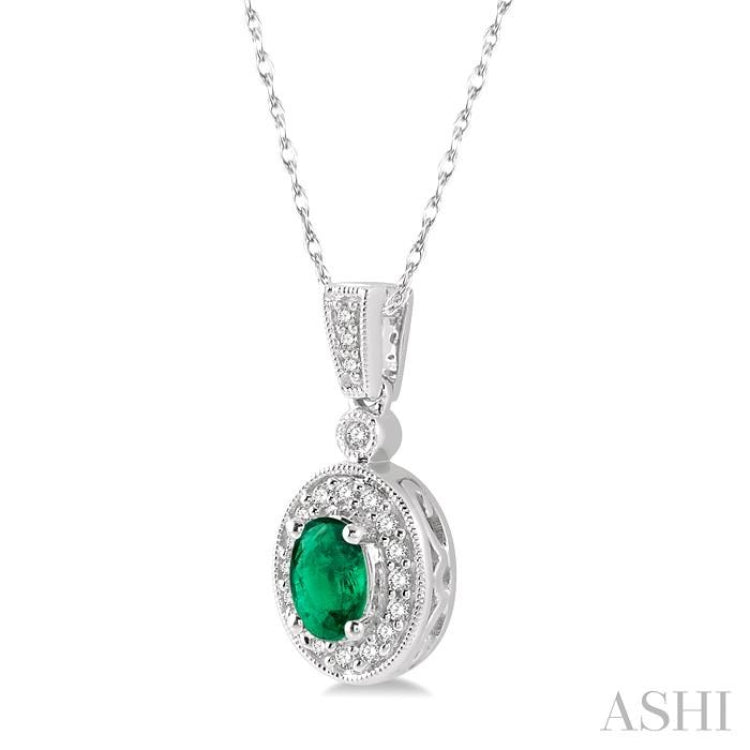 6x4 MM Oval Cut Emerald and 1/8 Ctw Round Cut Diamond Pendant in 14K White Gold with Chain