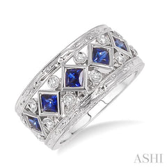 3x3MM Princess Cut Sapphire and 1/4 Ctw Round Cut Diamond Precious Fashion Ring in 14K White Gold