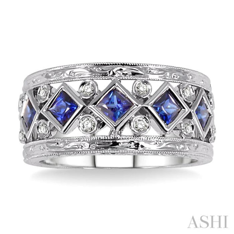 3x3MM Princess Cut Sapphire and 1/4 Ctw Round Cut Diamond Precious Fashion Ring in 14K White Gold