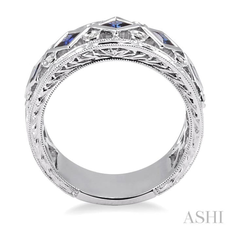 3x3MM Princess Cut Sapphire and 1/4 Ctw Round Cut Diamond Precious Fashion Ring in 14K White Gold