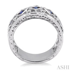 3x3MM Princess Cut Sapphire and 1/4 Ctw Round Cut Diamond Precious Fashion Ring in 14K White Gold