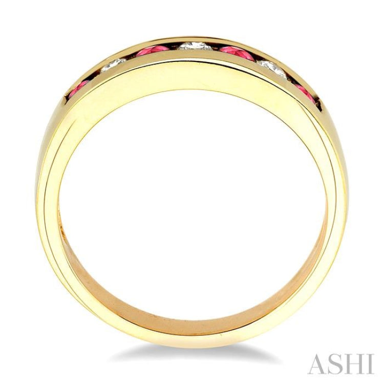 1/5 Ctw Channel Set Round Cut Diamond and 2.5 MM Round Cut Ruby Band in 14K Yellow Gold