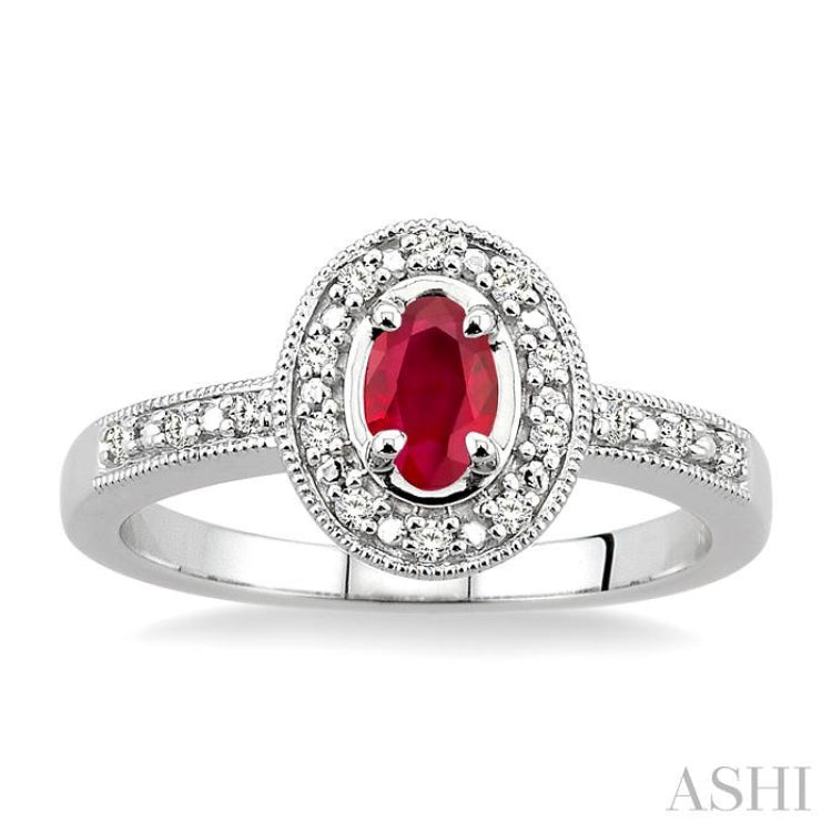 5x3 MM Oval Cut Ruby and 1/10 Ctw Single Cut Diamond Ring in 10K White Gold.