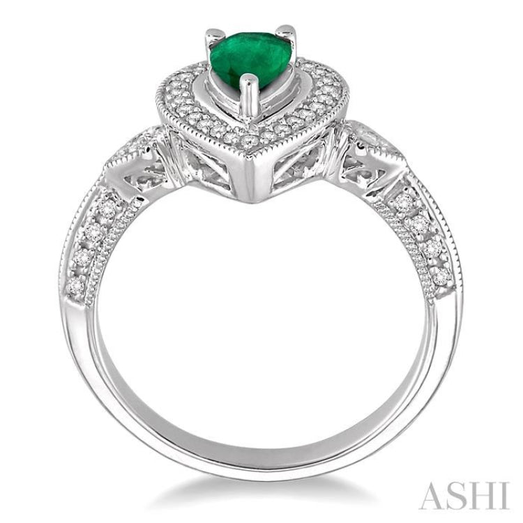 6x4 MM Pear Shape Emerald and 1/6 Ctw Round Cut Diamond Ring in 14K White Gold