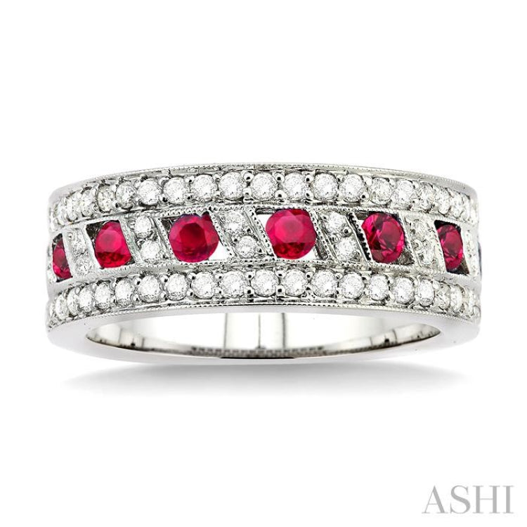 5/8 Ctw Round Cut Diamond and 2.6 mm Round Cut Ruby Precious Band in 18K White Gold