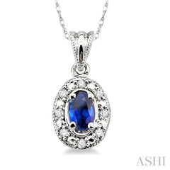 5x3 MM Oval Shape Sapphire and 1/20 Ctw Single Cut Diamond Pendant in 10K White Gold with Chain