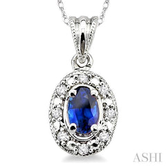 5x3 MM Oval Shape Sapphire and 1/20 Ctw Single Cut Diamond Pendant in 10K White Gold with Chain