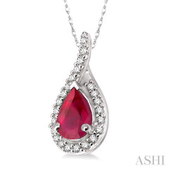 6x4 MM Pear Shape Ruby and 1/10 Ctw Round Cut Diamond Pendant in 14K White Gold with Chain