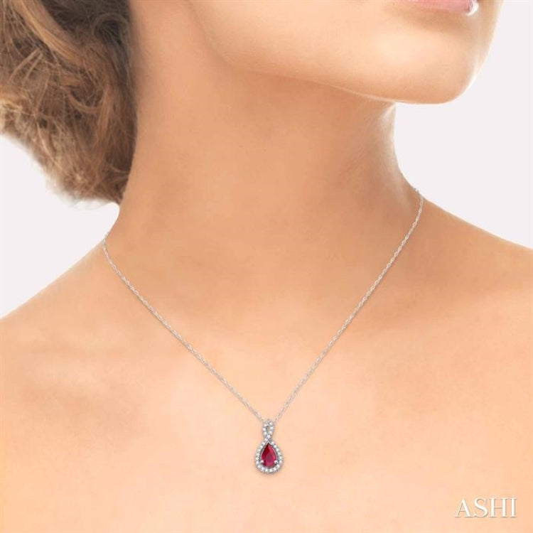 6x4 MM Pear Shape Ruby and 1/10 Ctw Round Cut Diamond Pendant in 14K White Gold with Chain