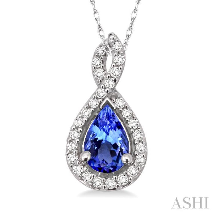 6x4 MM Pear Shape Tanzanite and 1/10 Ctw Round Cut Diamond Pendant in 14K White Gold with Chain