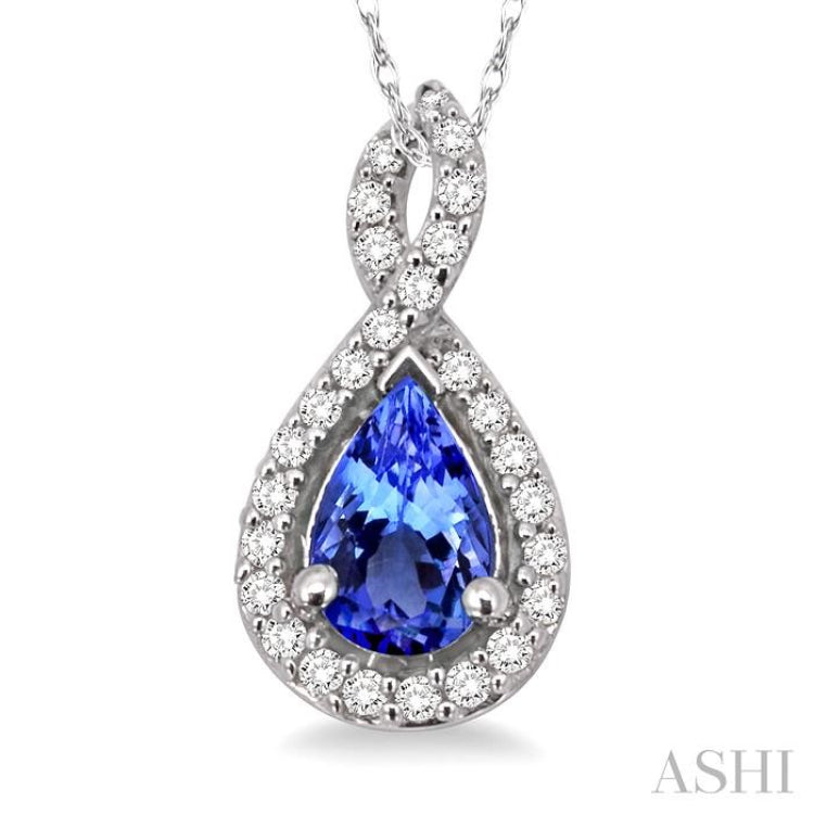 6x4 MM Pear Shape Tanzanite and 1/10 Ctw Round Cut Diamond Pendant in 14K White Gold with Chain