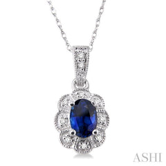 6x4 MM Oval Cut Sapphire and 1/20 Ctw Single Cut Diamond Pendant in 10K White Gold with Chain