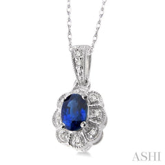 6x4 MM Oval Cut Sapphire and 1/20 Ctw Single Cut Diamond Pendant in 10K White Gold with Chain