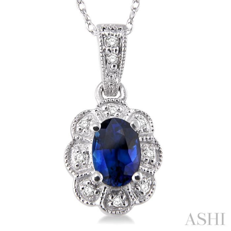 6x4 MM Oval Cut Sapphire and 1/20 Ctw Single Cut Diamond Pendant in 10K White Gold with Chain