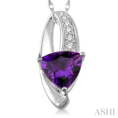 8x8 MM Trillion Cut Amethyst and 1/20 Ctw Single Cut Diamond Pendant in 10K White Gold with Chain