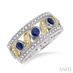 3x3MM Diamond cut Round Sapphire and 1/6 Ctw Round Cut Diamond Precious Fashion Ring in 14K White and Yellow Gold