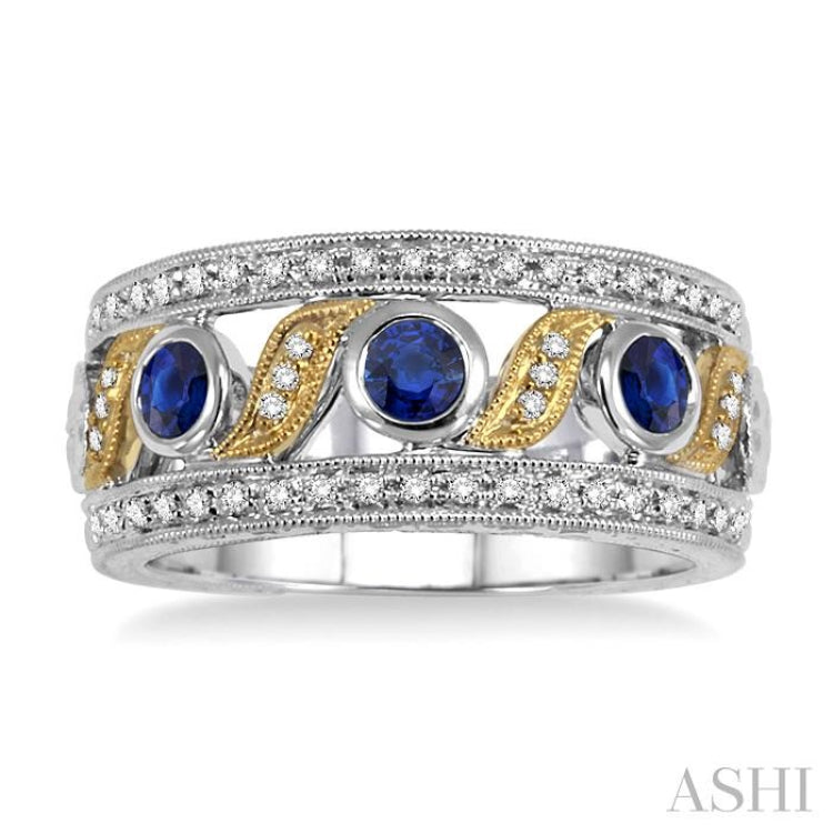 3x3MM Diamond cut Round Sapphire and 1/6 Ctw Round Cut Diamond Precious Fashion Ring in 14K White and Yellow Gold