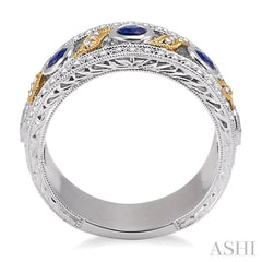 3x3MM Diamond cut Round Sapphire and 1/6 Ctw Round Cut Diamond Precious Fashion Ring in 14K White and Yellow Gold