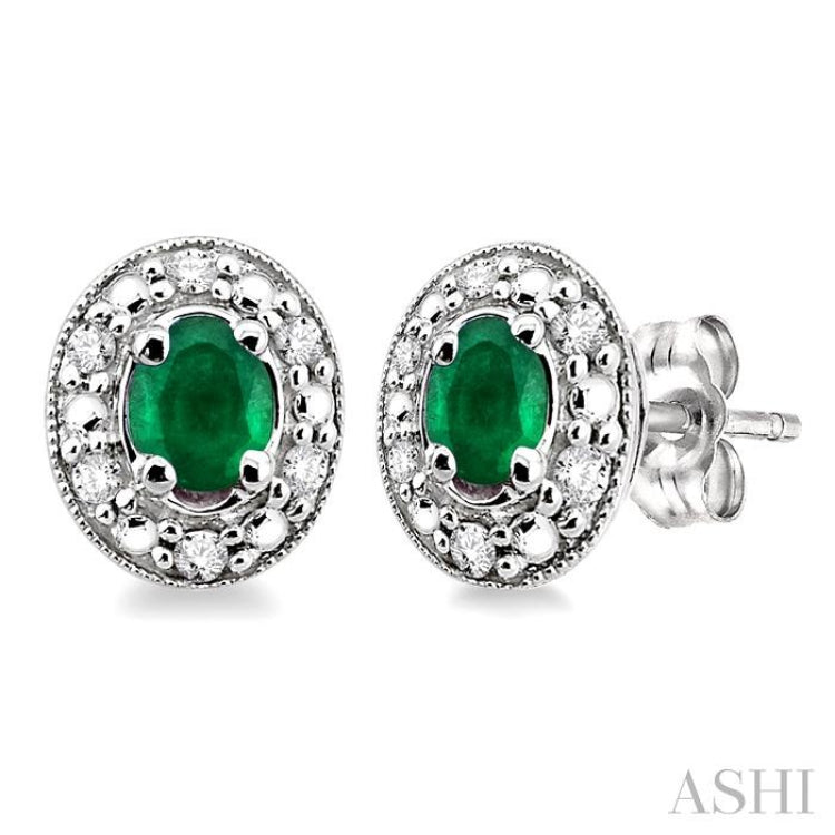 4x3 MM Oval Shaped Emerald and 1/10 Ctw Single Cut Diamond Earrings in 10K White Gold