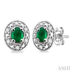 4x3 MM Oval Shaped Emerald and 1/10 Ctw Single Cut Diamond Earrings in 10K White Gold