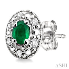 4x3 MM Oval Shaped Emerald and 1/10 Ctw Single Cut Diamond Earrings in 10K White Gold