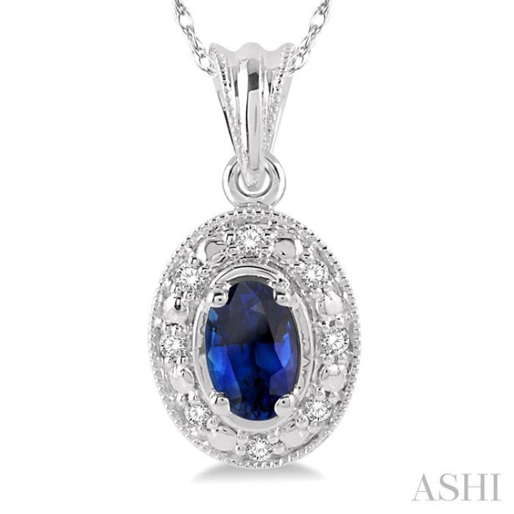 5x3 MM Oval Shape Sapphire and 1/20 Ctw Single Cut Diamond Pendant in 14K White Gold with Chain