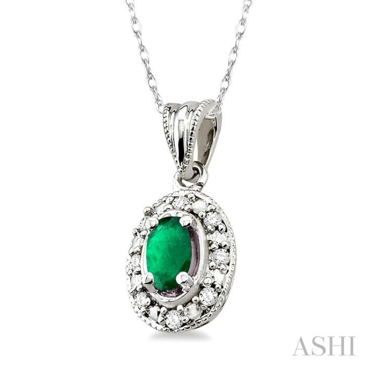 5x3 MM Oval Shape Emerald and 1/20 Ctw Single Cut Diamond Pendant in 10K White Gold with Chain