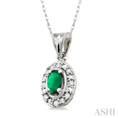 5x3 MM Oval Shape Emerald and 1/20 Ctw Single Cut Diamond Pendant in 10K White Gold with Chain